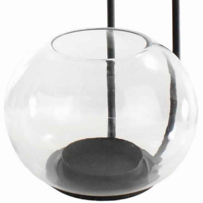 Metal Frame Wall Sconce with Round Glass Hurricane, Black and Clear