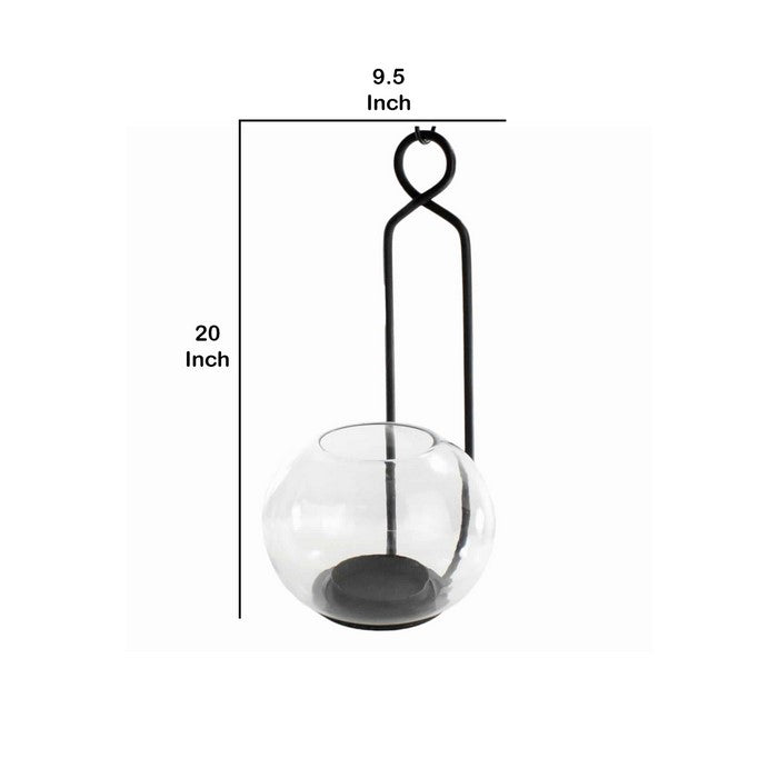 Metal Frame Wall Sconce with Round Glass Hurricane, Black and Clear