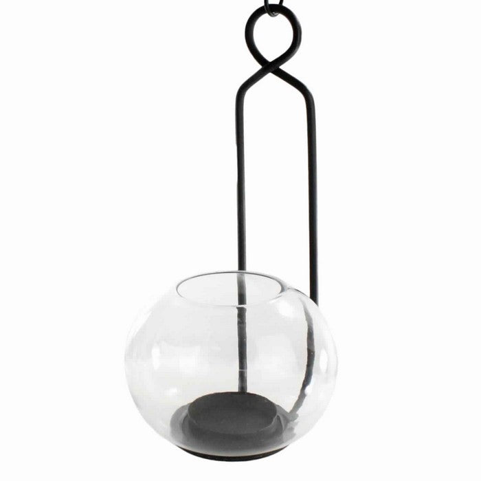 Metal Frame Wall Sconce with Round Glass Hurricane, Black and Clear