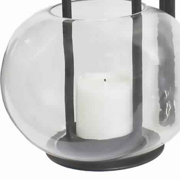 Metal Frame Lantern with Round Glass Hurricane and Hook Set, Black and Clear