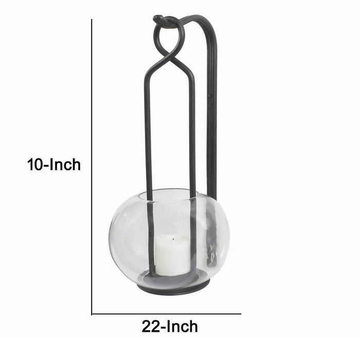 Metal Frame Lantern with Round Glass Hurricane and Hook Set, Black and Clear