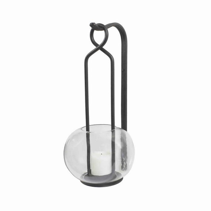 Metal Frame Lantern with Round Glass Hurricane and Hook Set, Black and Clear