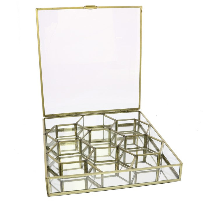 Metal and Glass Box with Honeycomb Shaped Storage Sections, Large, Gold