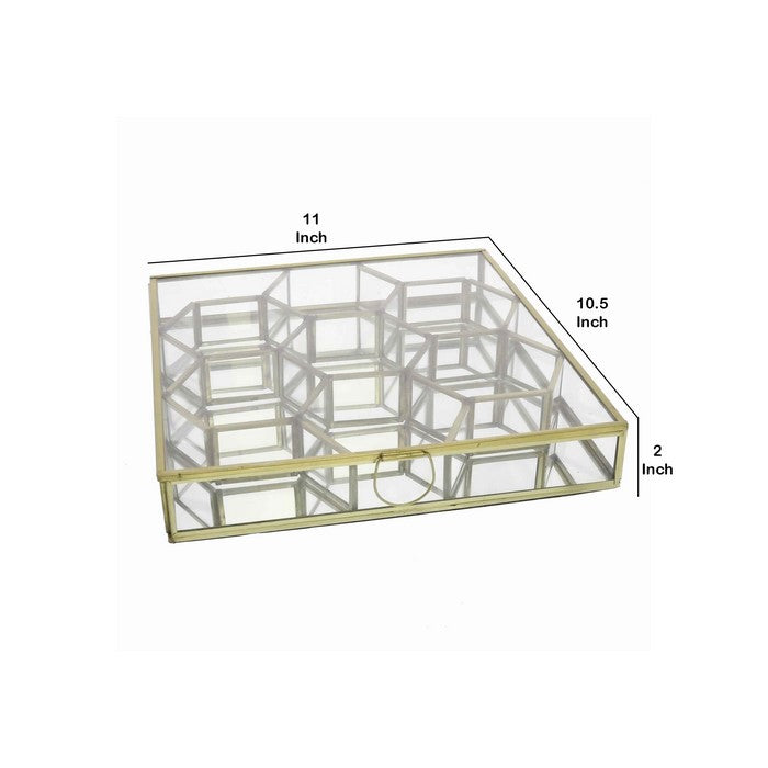 Metal and Glass Box with Honeycomb Shaped Storage Sections, Large, Gold