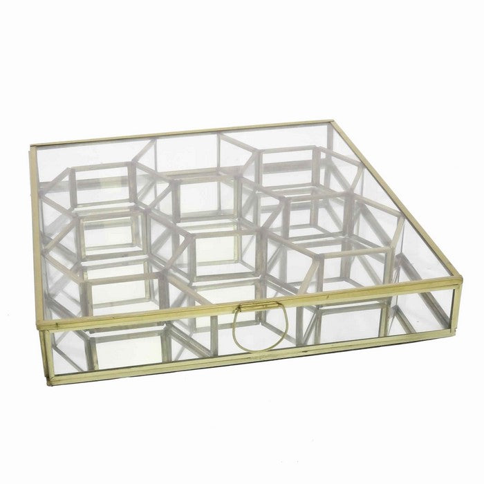Metal and Glass Box with Honeycomb Shaped Storage Sections, Large, Gold