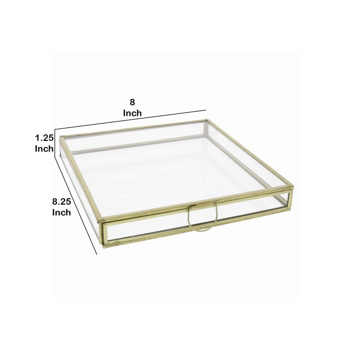 Square Metal and Glass Frame Storage Box with U Shape Hanger, Medium, Gold