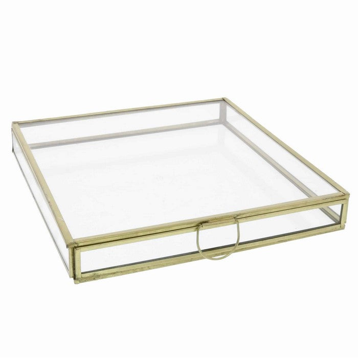 Square Metal and Glass Frame Storage Box with U Shape Hanger, Medium, Gold