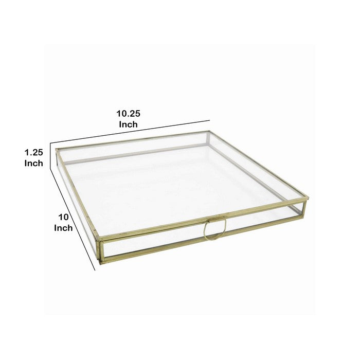 Square Metal and Glass Frame Storage Box with U Shape Hanger, Large, Gold
