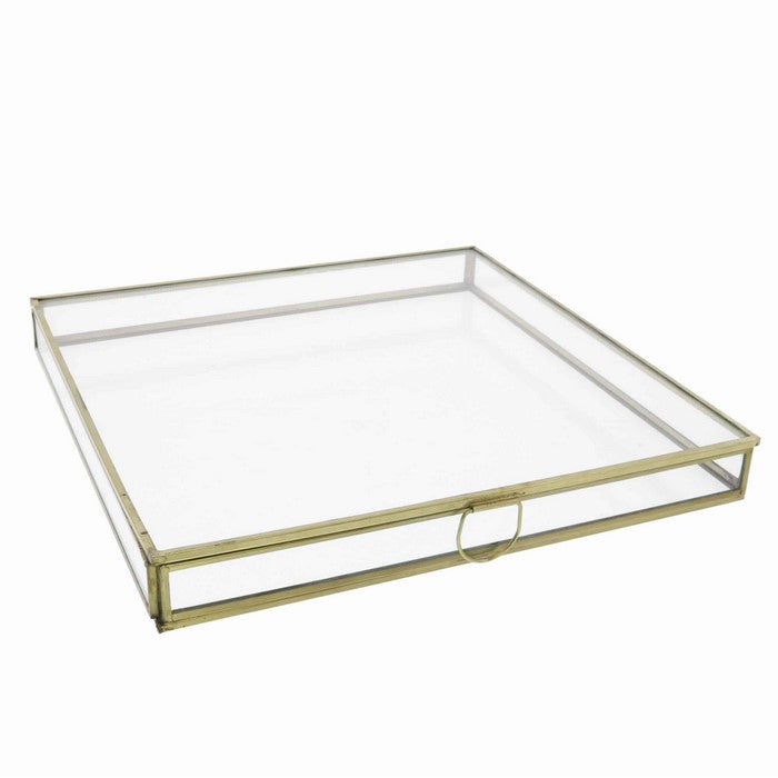 Square Metal and Glass Frame Storage Box with U Shape Hanger, Large, Gold