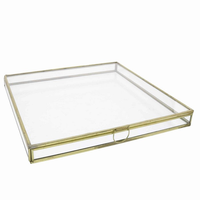 Square Metal and Glass Frame Storage Box with U Shape Hanger, Grand, Gold