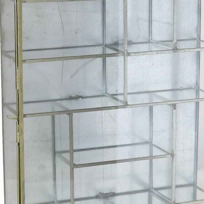 Metal Wall Case with Glass Panel Inserts and Ample Storage, Gold and Clear