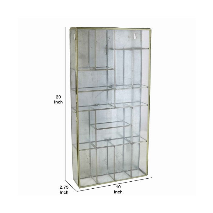 Metal Wall Case with Glass Panel Inserts and Ample Storage, Gold and Clear