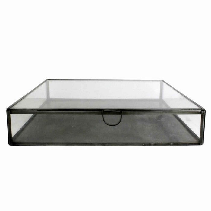 Square Metal and Glass Frame Case with Lift Top Storage, Large, Black