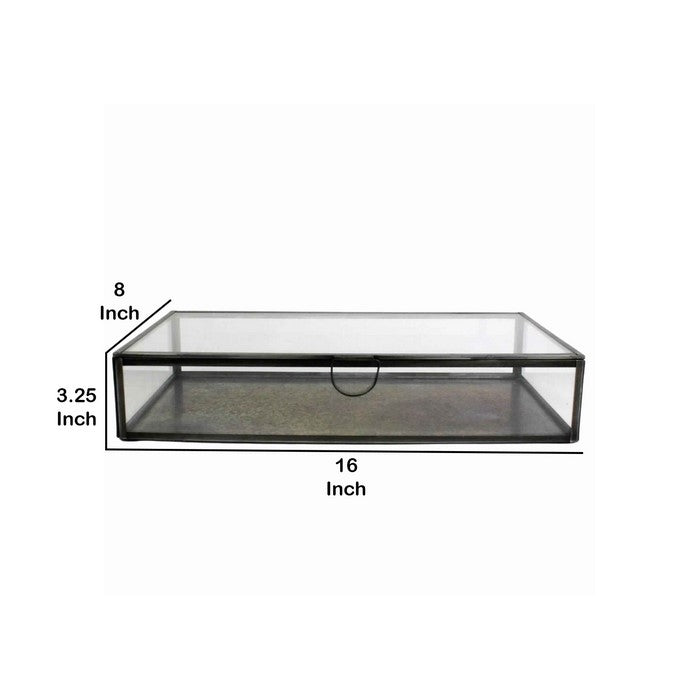 Rectangular Metal and Glass Frame Case with Lift Top Storage, Black