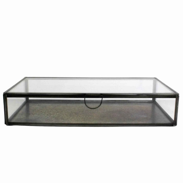 Rectangular Metal and Glass Frame Case with Lift Top Storage, Black