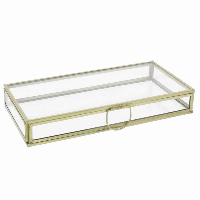 Rectangular Glass Box with Metal Frame and Handle, Small, Brass and Clear