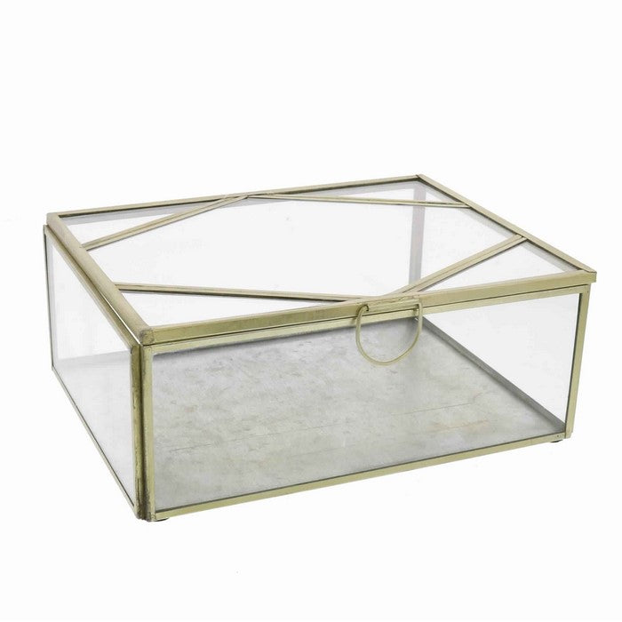 Diamond Top Metal Frame Storage Box with Glass Insets, Large, Gold