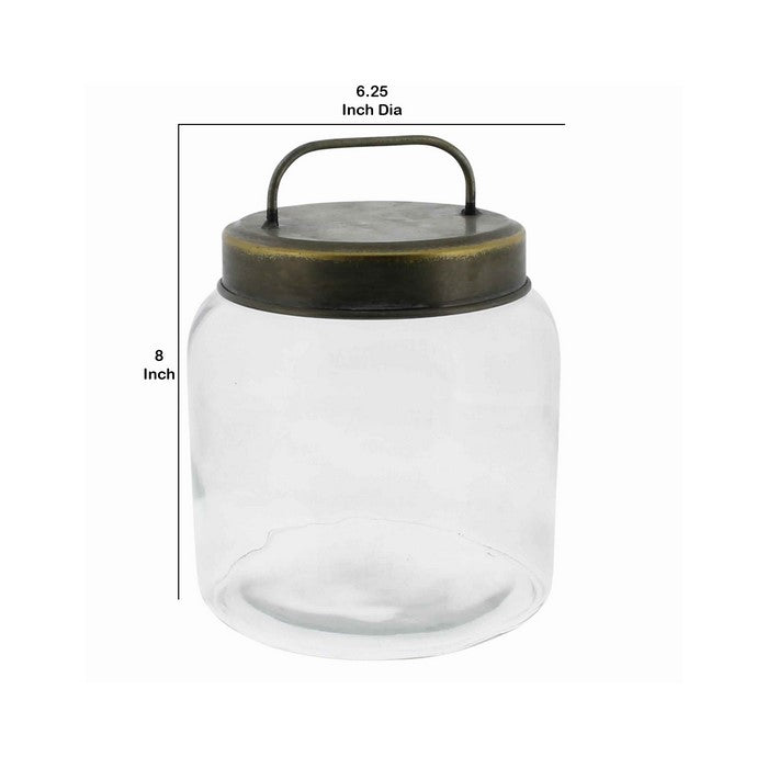 Cylindrical Glass Cannister with Metal Lid, Small, Clear and Antique Gold