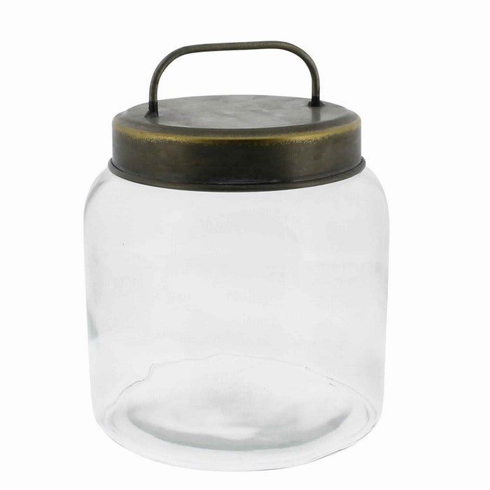 Cylindrical Glass Cannister with Metal Lid, Small, Clear and Antique Gold