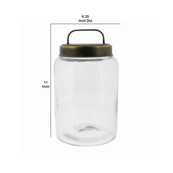 Cylindrical Glass Cannister with Metal Lid, Medium, Clear and Antique Gold
