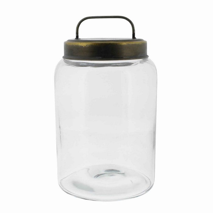 Cylindrical Glass Cannister with Metal Lid, Medium, Clear and Antique Gold