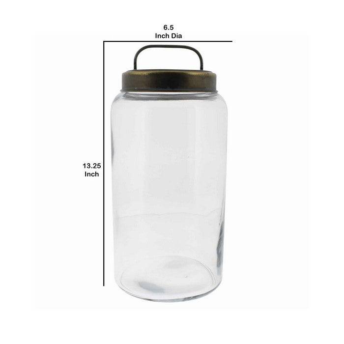 Cylindrical Glass Cannister with Metal Lid, Large, Clear and Antique Gold