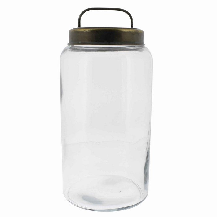 Cylindrical Glass Cannister with Metal Lid, Large, Clear and Antique Gold