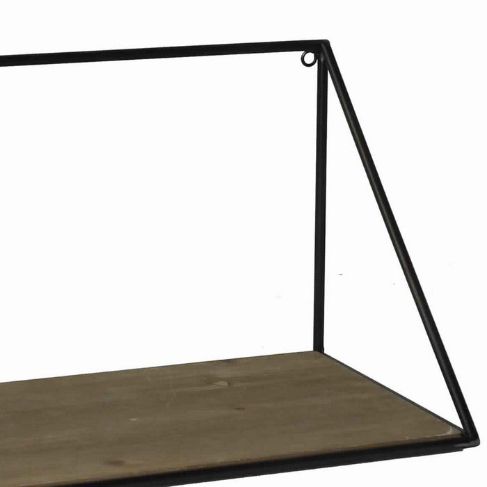 Parallelogram Shape Metal Frame Wooden Shelf, Small, Black and Brown