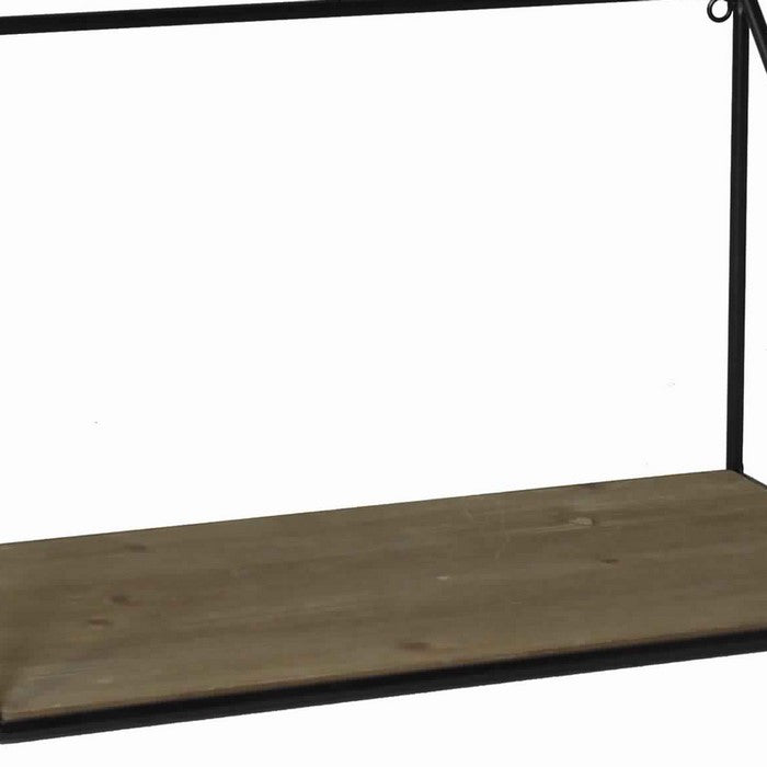 Parallelogram Shape Metal Frame Wooden Shelf, Small, Black and Brown