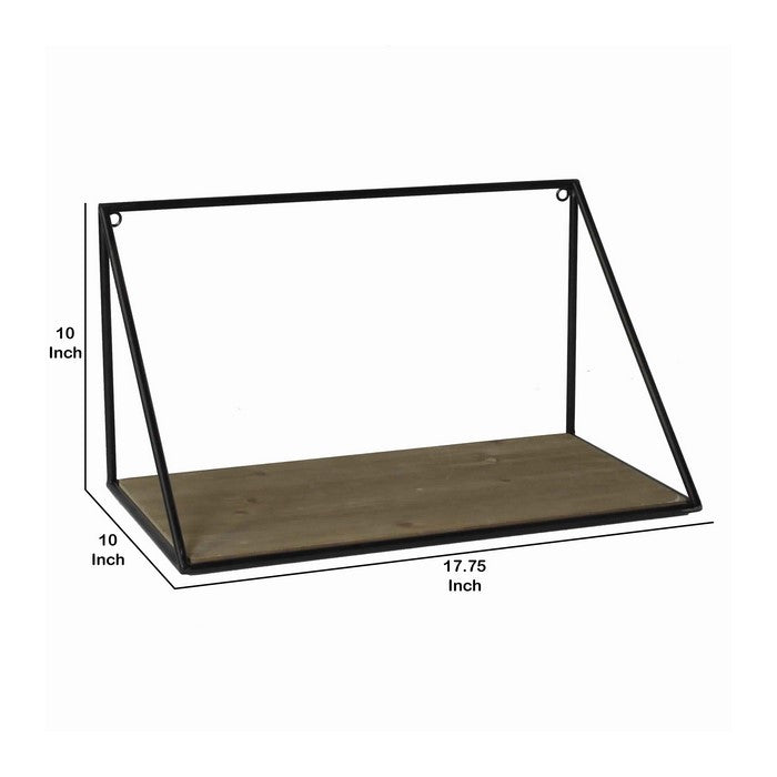 Parallelogram Shape Metal Frame Wooden Shelf, Small, Black and Brown
