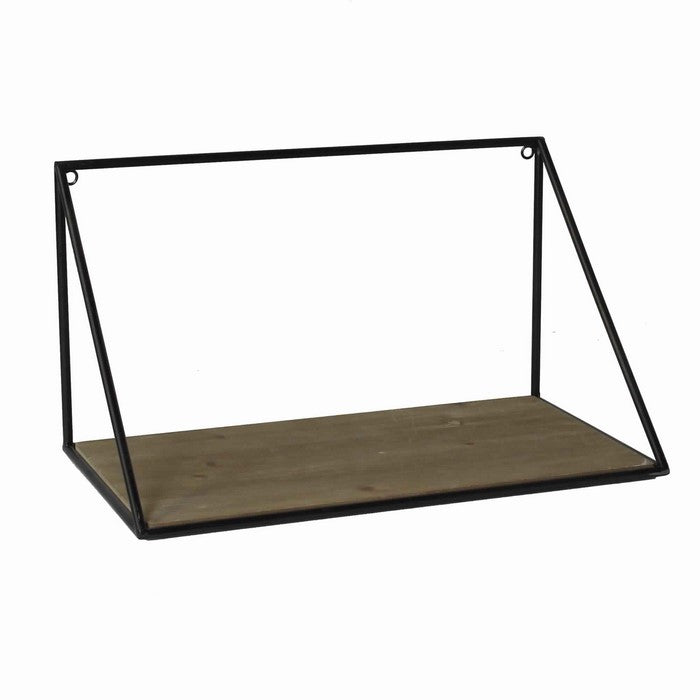 Parallelogram Shape Metal Frame Wooden Shelf, Small, Black and Brown