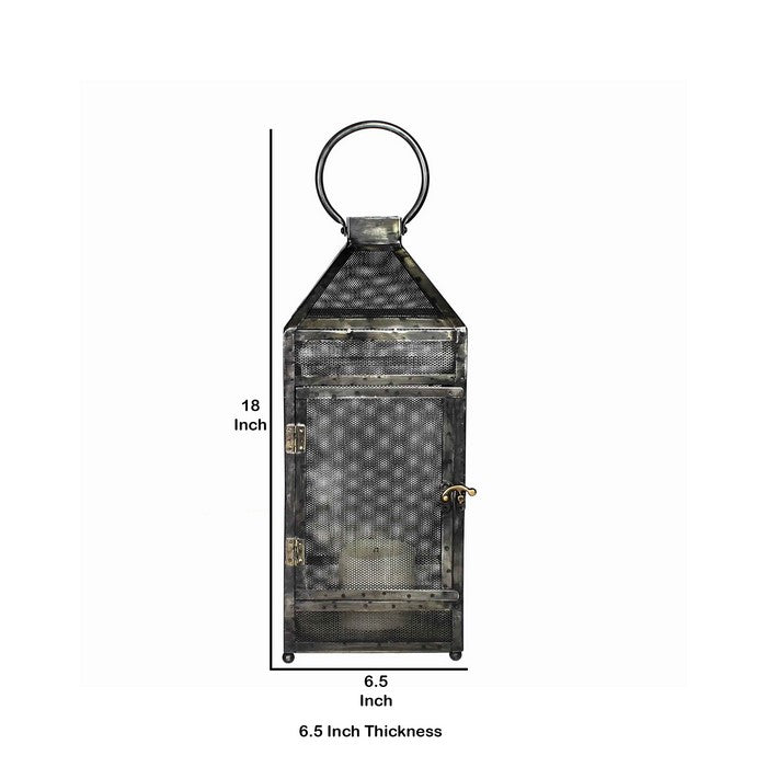 Mesh Design Metal Frame Lantern with Latch Lock, Small, Distressed Gray