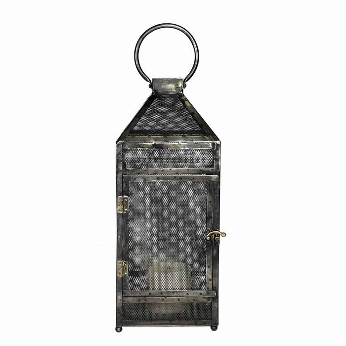 Mesh Design Metal Frame Lantern with Latch Lock, Small, Distressed Gray