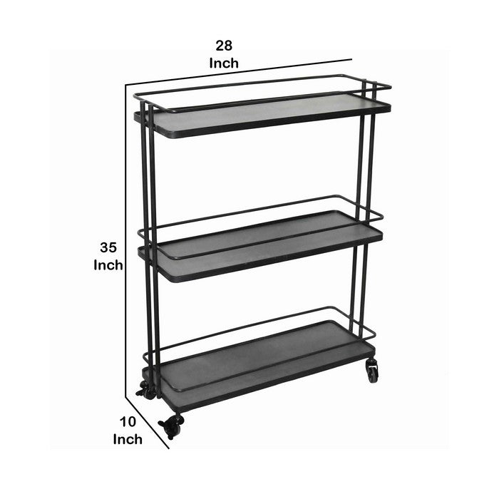 Industrial Style Metal Frame 3 Tier Trolley with Casters, Black
