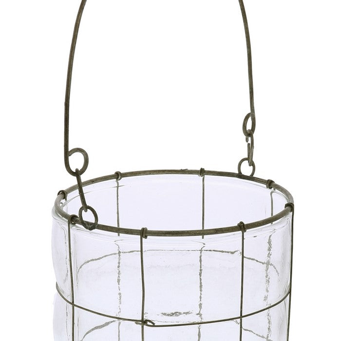 Round Glass Lantern with Grid Design Metal Frame and Handle, Small, Clear