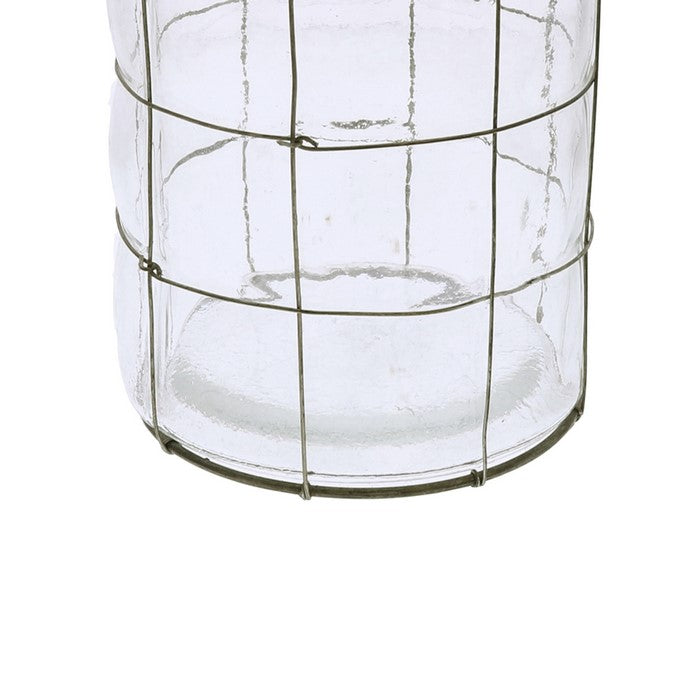 Round Glass Lantern with Grid Design Metal Frame and Handle, Small, Clear