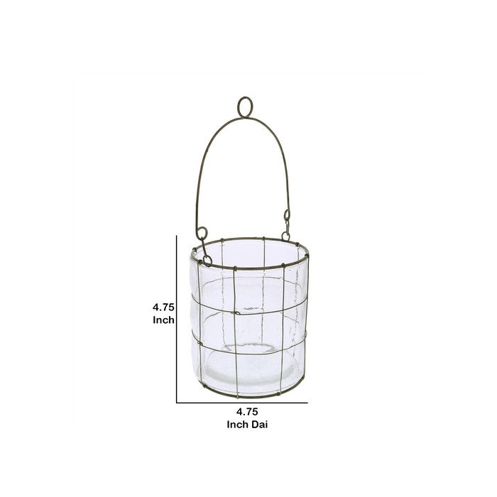 Round Glass Lantern with Grid Design Metal Frame and Handle, Small, Clear