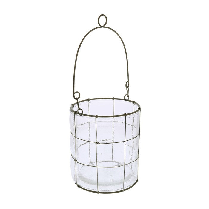 Round Glass Lantern with Grid Design Metal Frame and Handle, Small, Clear