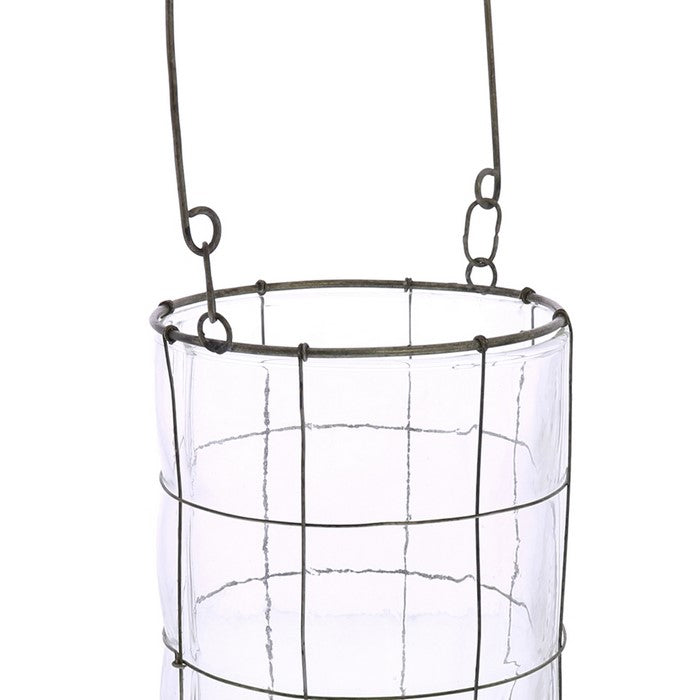 Round Glass Lantern with Grid Design Metal Frame and Handle, Large, Clear