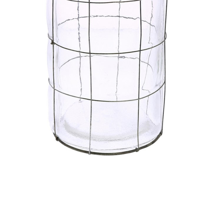 Round Glass Lantern with Grid Design Metal Frame and Handle, Large, Clear