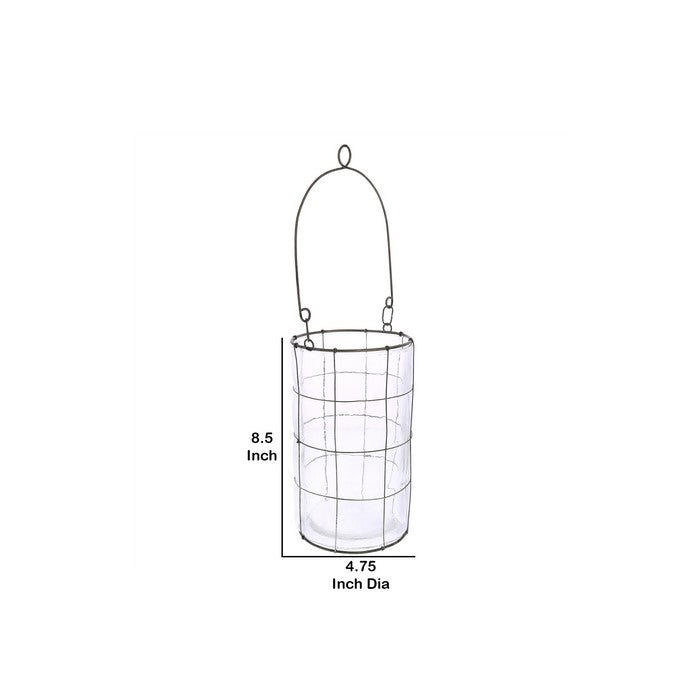 Round Glass Lantern with Grid Design Metal Frame and Handle, Large, Clear