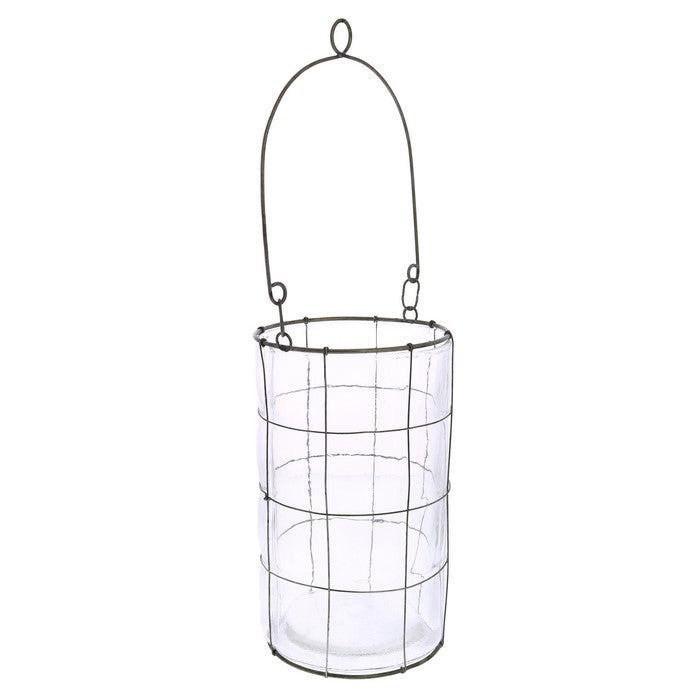 Round Glass Lantern with Grid Design Metal Frame and Handle, Large, Clear