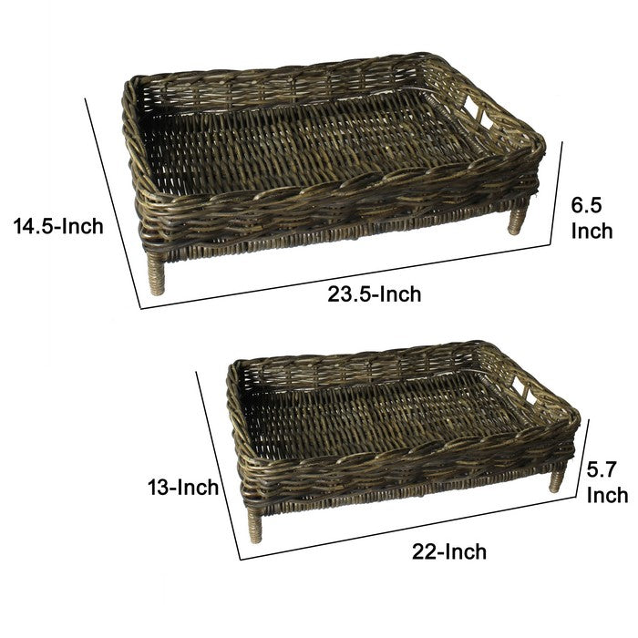 Rectangular Rattan Woven Tray with Tubular legs, Set of 2, Gray