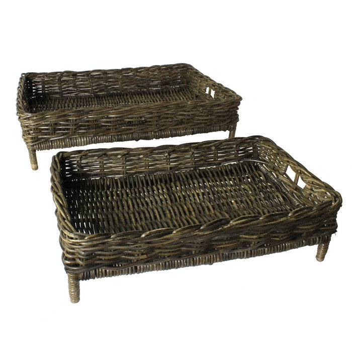 Rectangular Rattan Woven Tray with Tubular legs, Set of 2, Gray