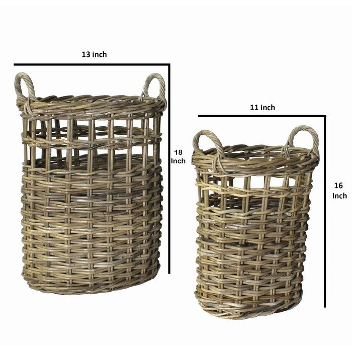 Round Shape Woven Rattan Umbrella Basket with Handles, Set of 2, Gray