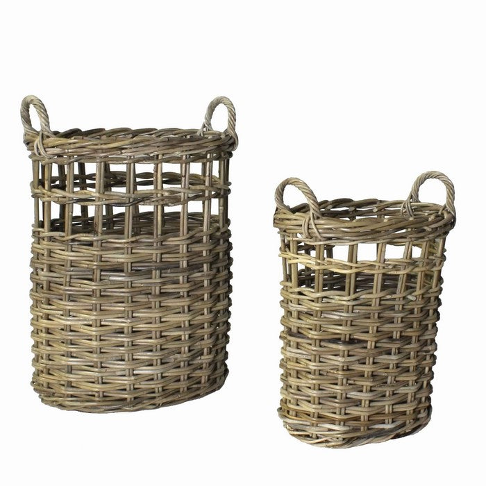 Round Shape Woven Rattan Umbrella Basket with Handles, Set of 2, Gray