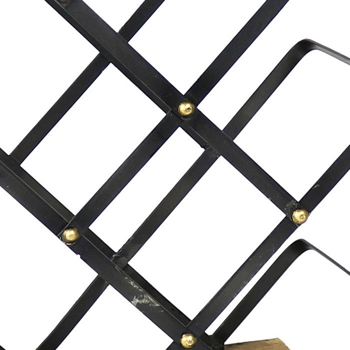 Industrial Style Criss Cross Wine Rack with Wooden Base, Black and Brown