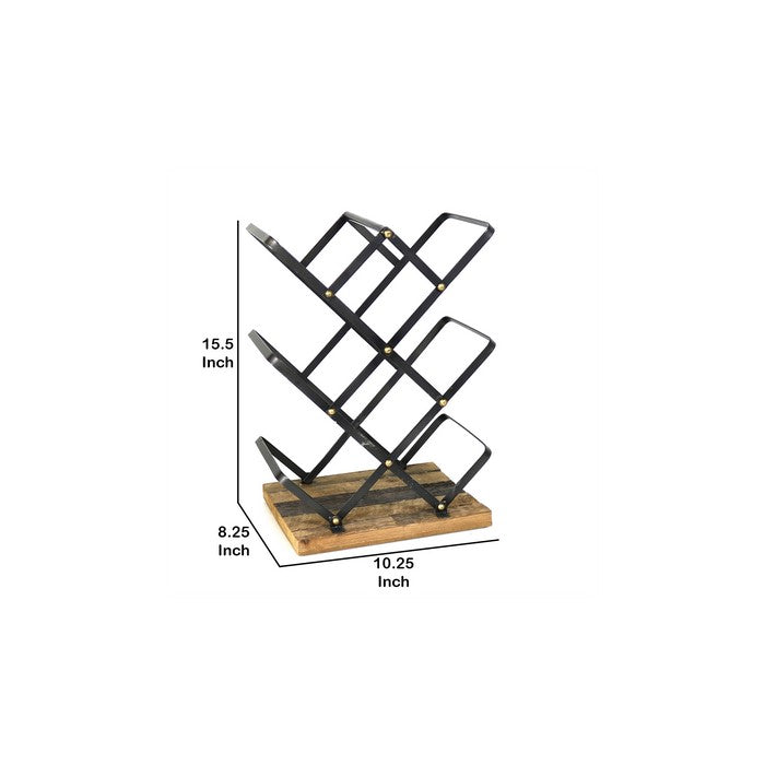 Industrial Style Criss Cross Wine Rack with Wooden Base, Black and Brown