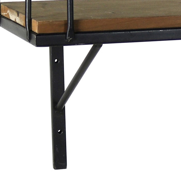 Wood and Metal Rectangular Wall Shelf with Guardrail, Large, Brown