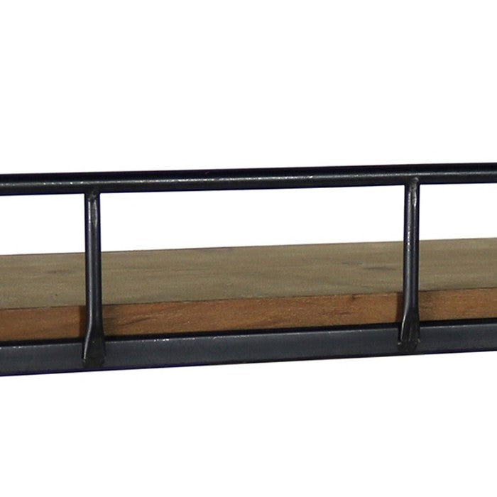 Wood and Metal Rectangular Wall Shelf with Guardrail, Large, Brown